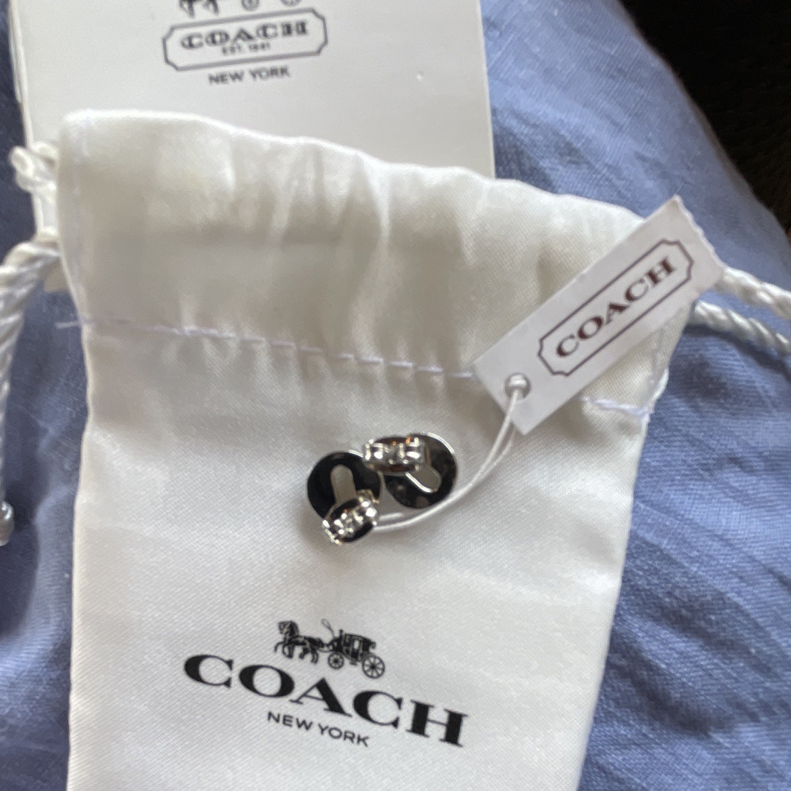 Coach Silver Tone C Logo Stud Earrings Butterfly Backs No Stone Pouch Tag
