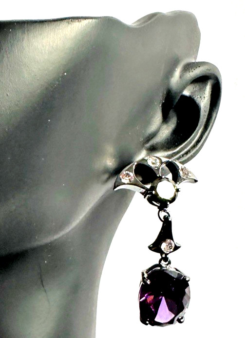 Nicholas LIU Purple Crystal Drop Earrings Gunmetal Rhinestone Statement 1.5″