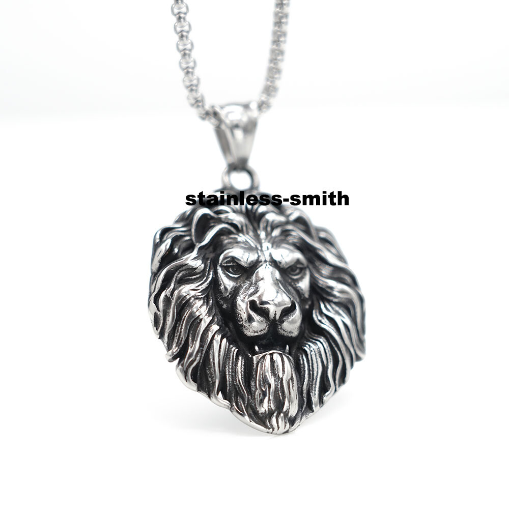 Vintage Mens Stainless Steel Lion King Head Pendant Necklace Men Silver