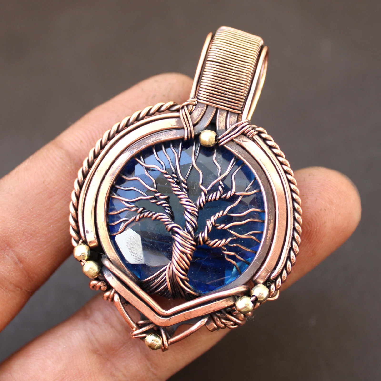 Blue Topaz Copper Wire Wrapped Tree Of Life Pendant With Chain Handmade Jewelry