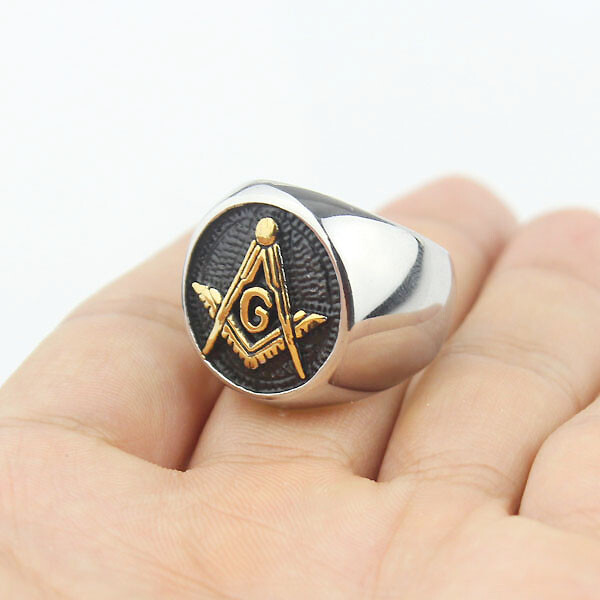 Mens Gold Plated Embossed Stamped Freemason Masonic Stainless Steel Biker Ring