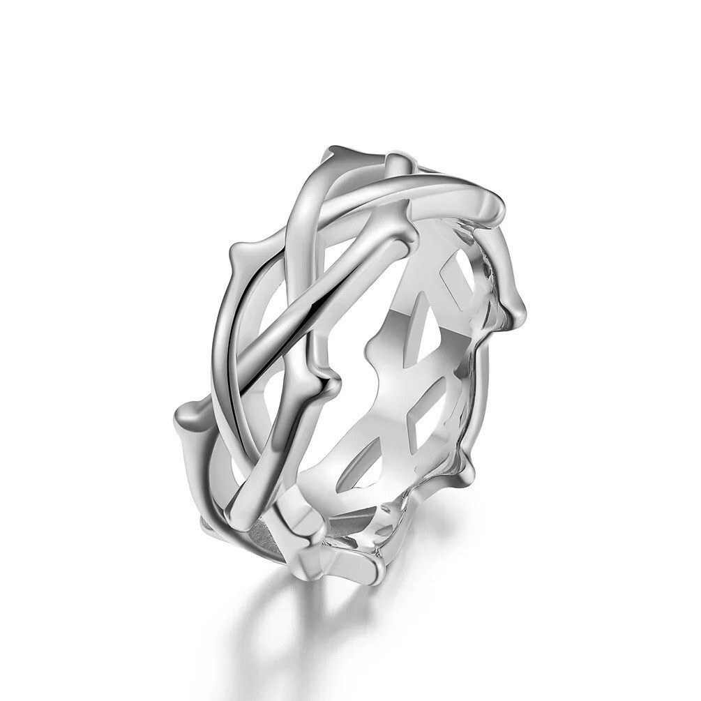Men Women Crown of Thorn Ring Stainless Steel Tree Vine Branch Lucky Gift Silver