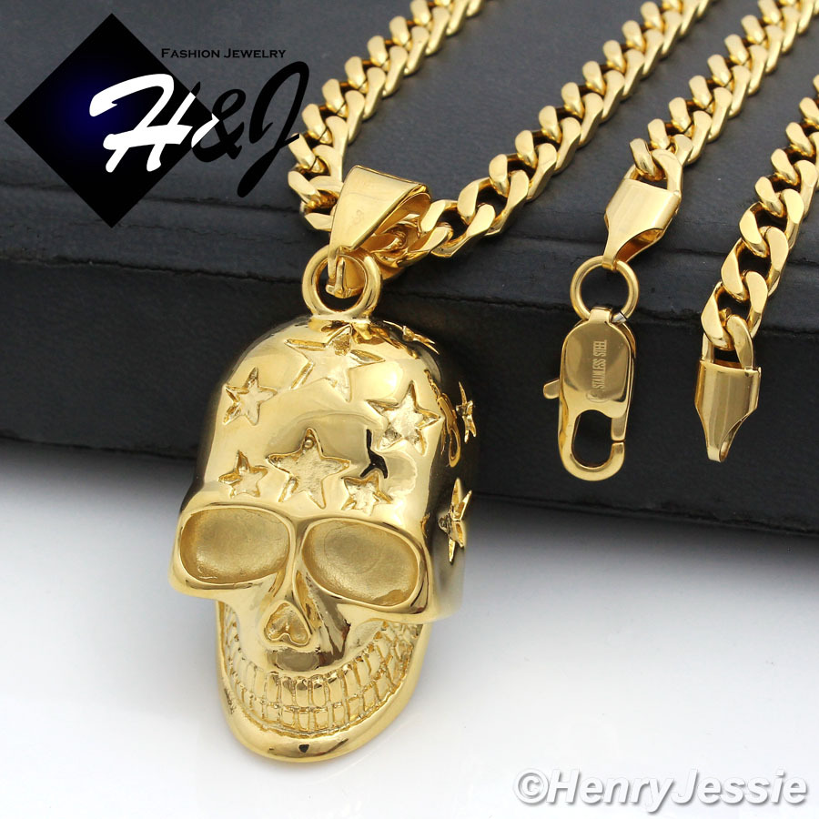 24″MEN Stainless Steel 5mm Gold Plated Cuban Curb Necklace Skull Pendant*GP84