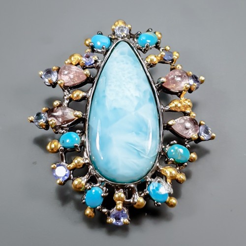 Jewellery 24 ct+ Natural Larimar Brooch 925 Sterling Silver /NB32053