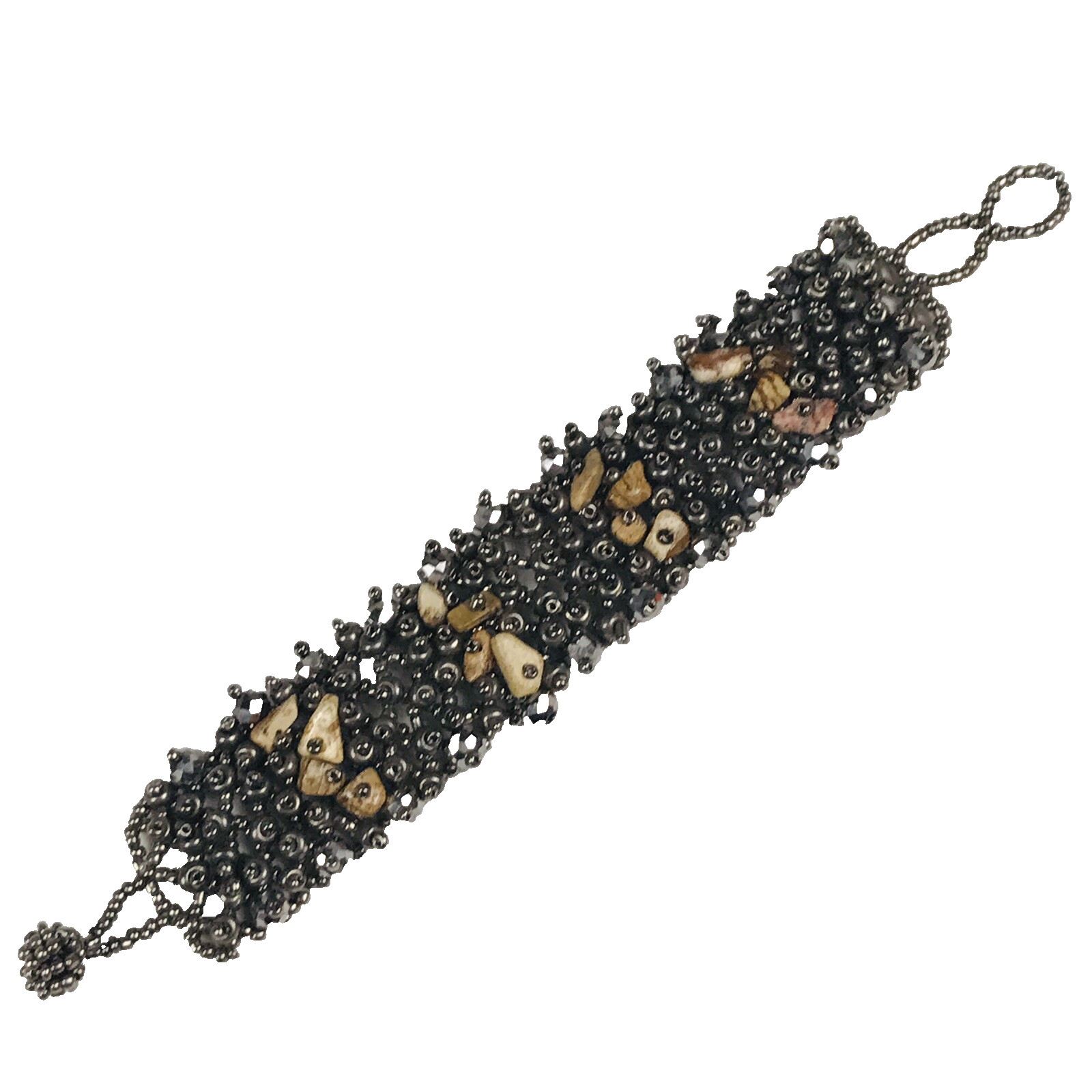Hand Woven Bead Bracelet Chunky Brutalist Gunmetal with Polished Stones 7.5”