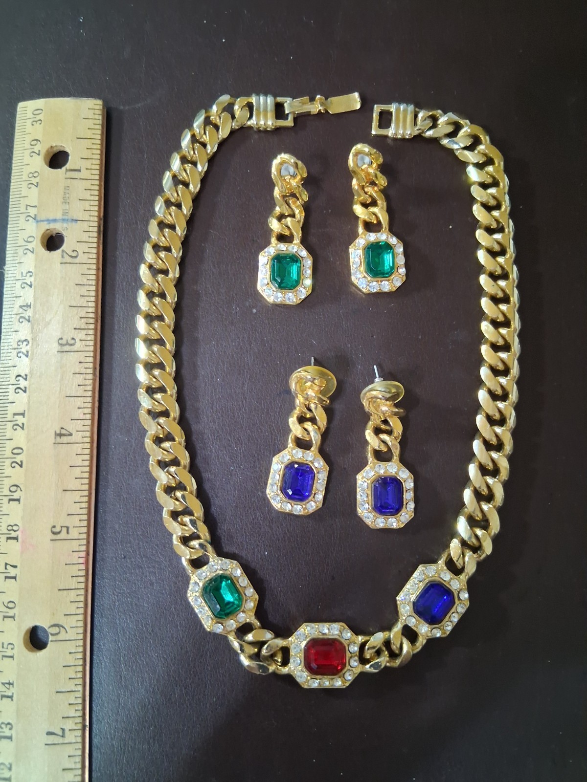 Gold Chain Necklace with Red, Blue, Green Gems&Rhinestones, 2 sets earrings