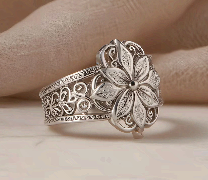 Silver Flower Ring Handmade Filigree Floral Statement Band