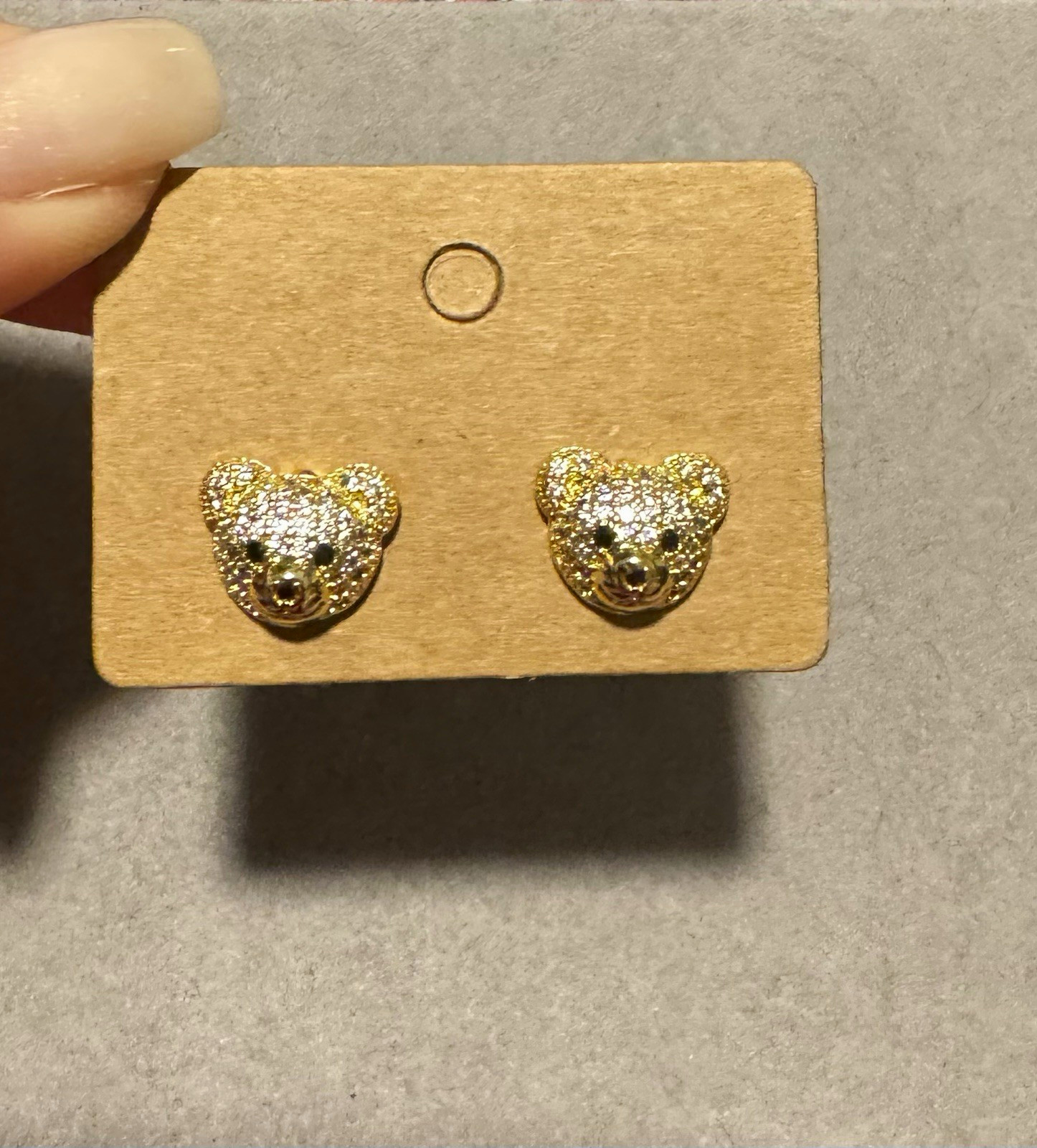 Gold Tone Bear Head Stud Earrings, White Simulated Crystal Rhinestone, Butterfly