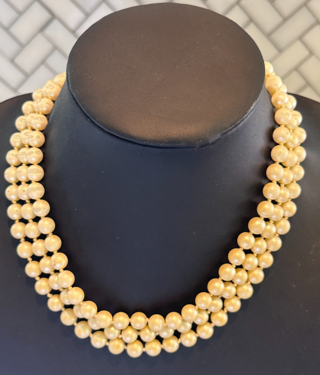 CAROLEE Triple Strand Hand Knotted Pearl Like Choker Necklace 16″