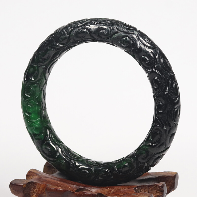 59mm Natural Black Green Jadeite Jade Bangle Bracelet Chinese Handcarved 13628