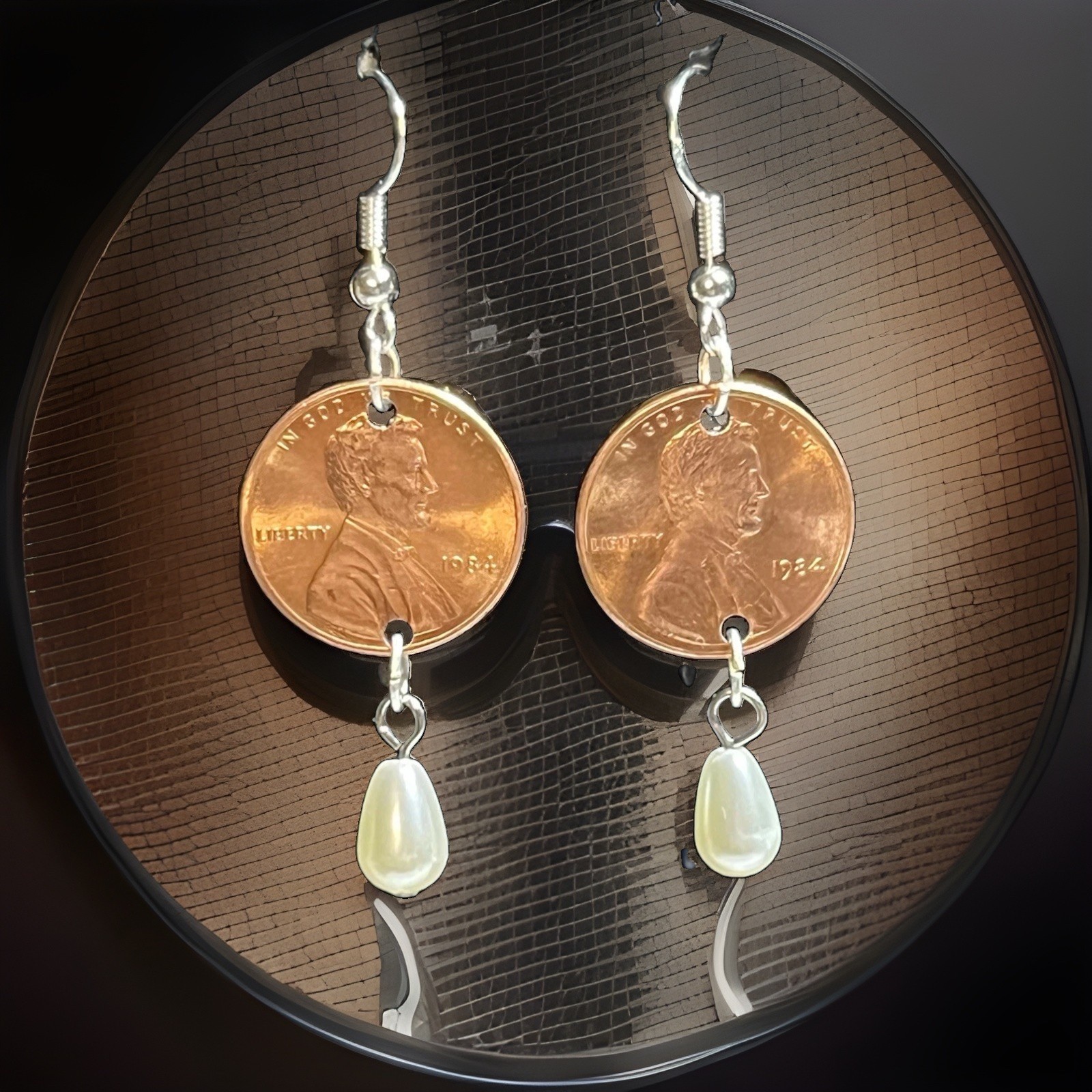 2-1984 Lincoln Penny Coin Nickel-Free & White Teardrop Pearl Hook Earrings