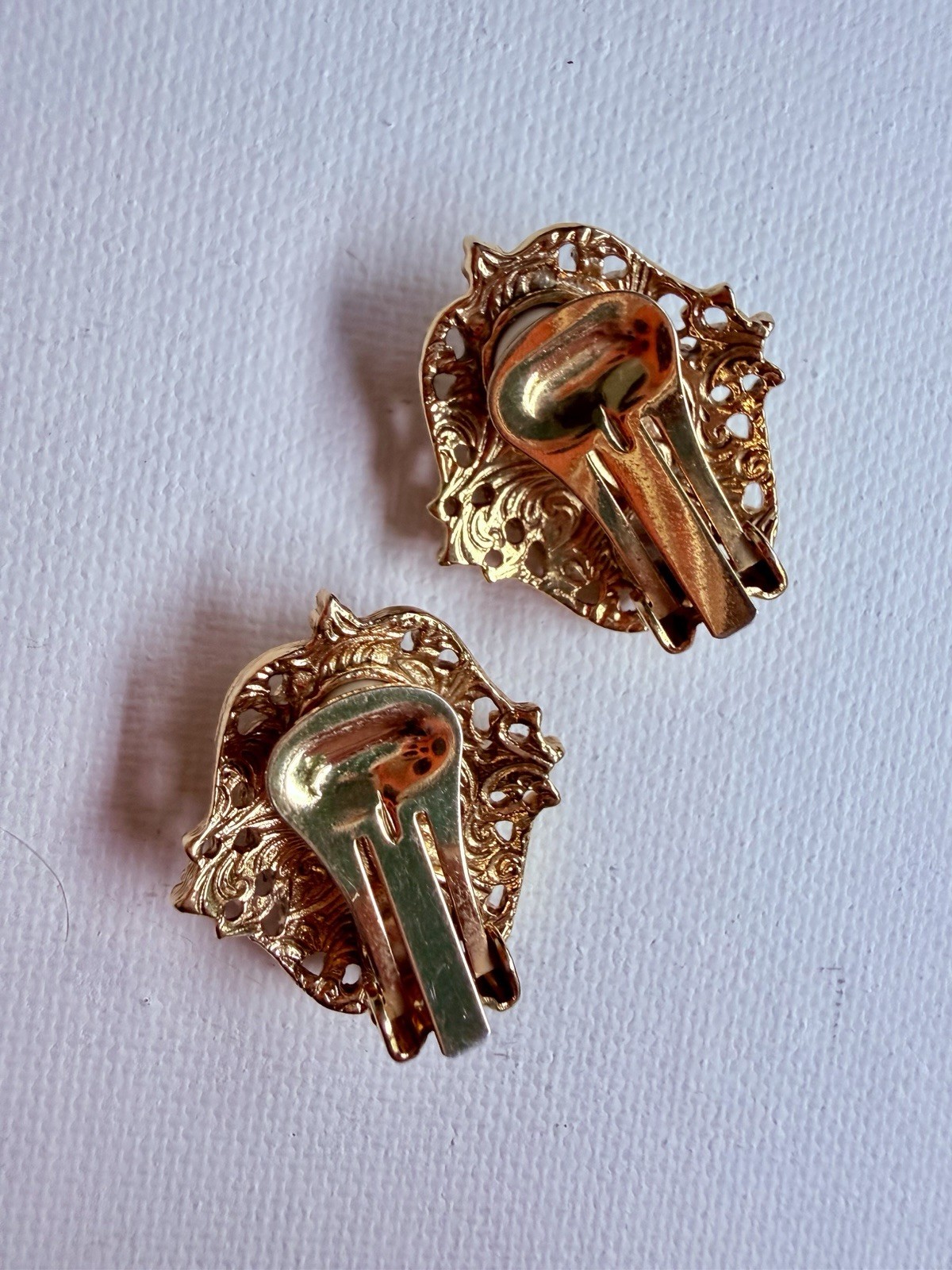 Vintage Victorian Revival Mother of Pearl Pink Rhinestone Gold Tone Clip-ons