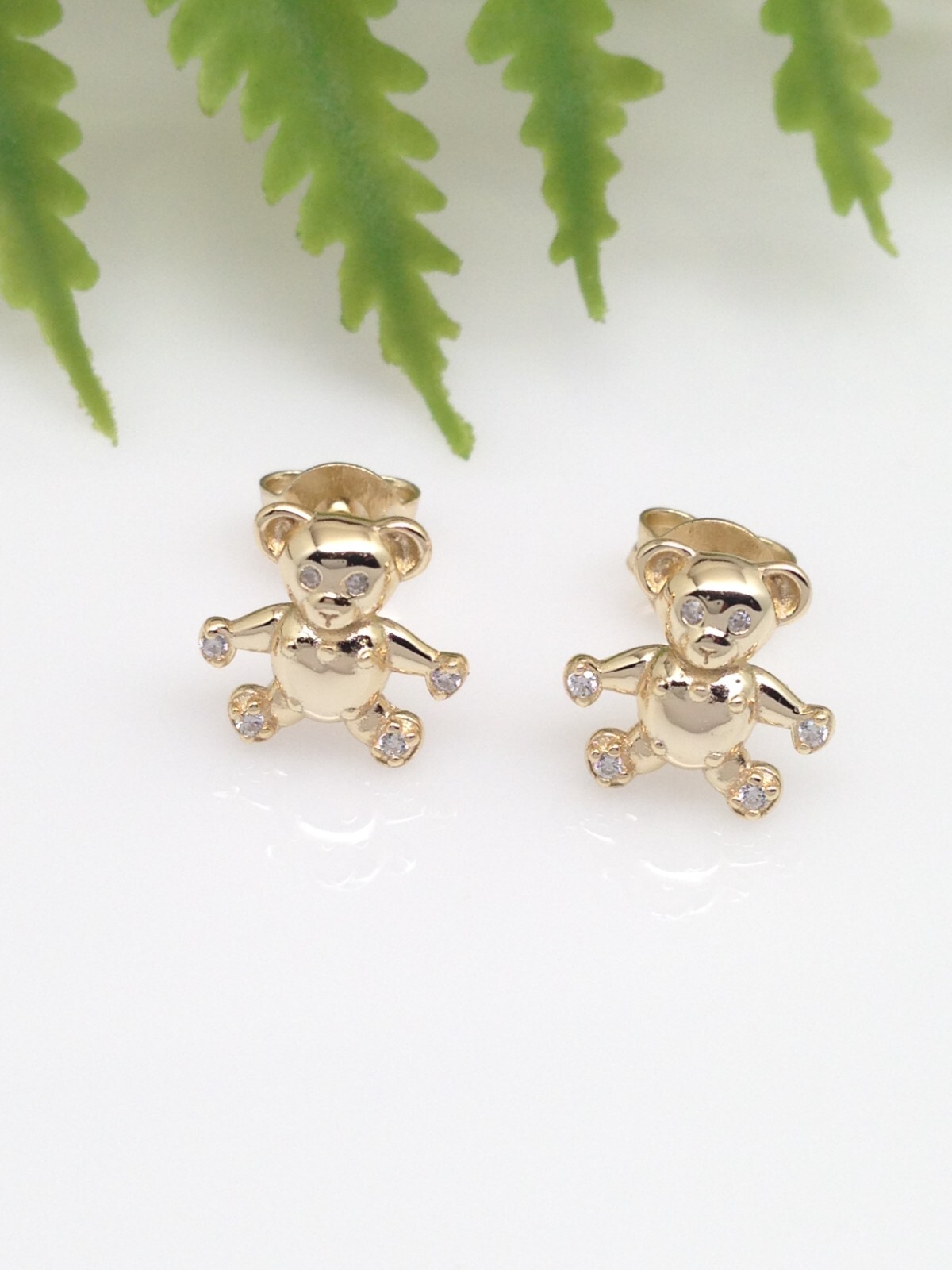 925 Sterling Silver CZ Gold Teddy Bear Stud Earrings Tiny Dainty 9mm Women Girls