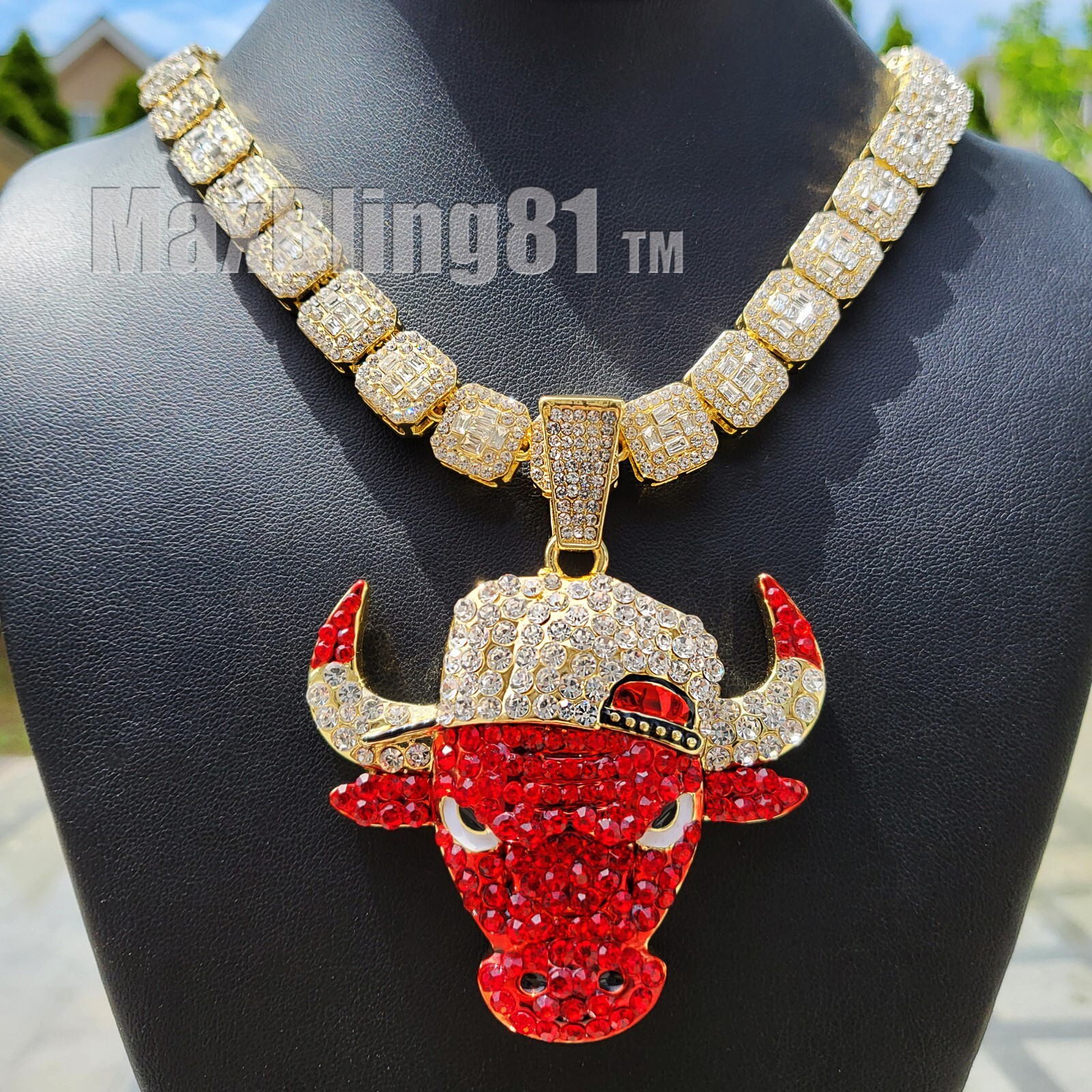 Gold Plated Alloy Bull Pendant & 16″ 18″ 20″ Iced Cubic Zirconia Chain Necklace