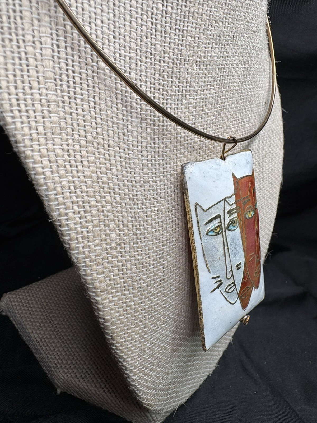 Artisan Copper Enamel Abstract Faces Pendant Necklace Picasso Style TorqueCollar