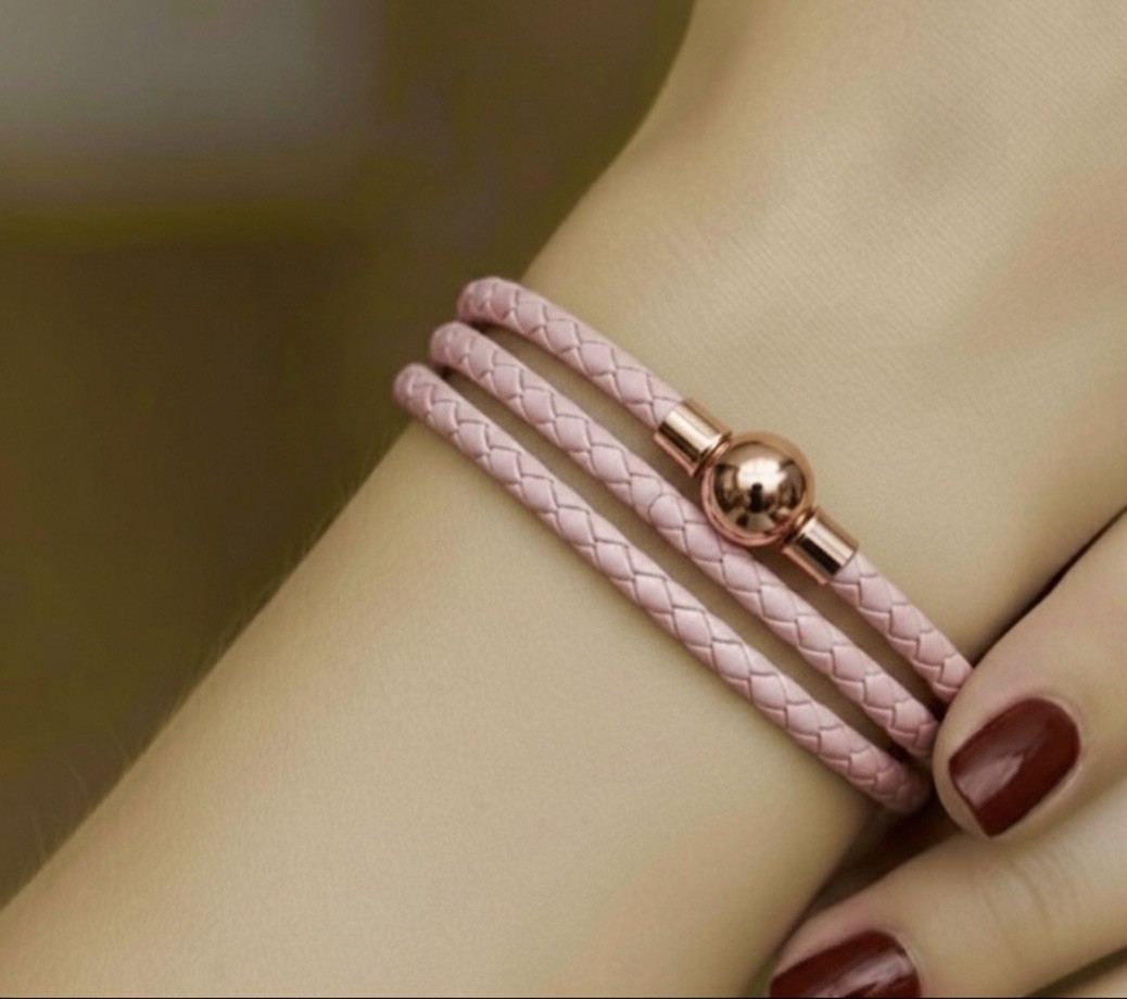 Linx triple wrap, pink leather bolo, cord bracelet with rose gold magnetic clasp