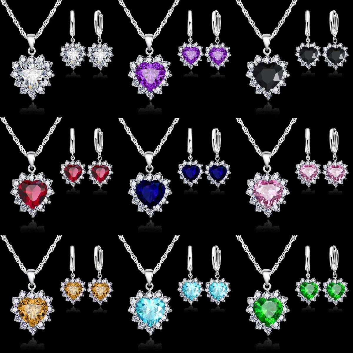 925 Sterling Silver Plated Crystal Heart Pendant Necklace Women Jewellery Gift