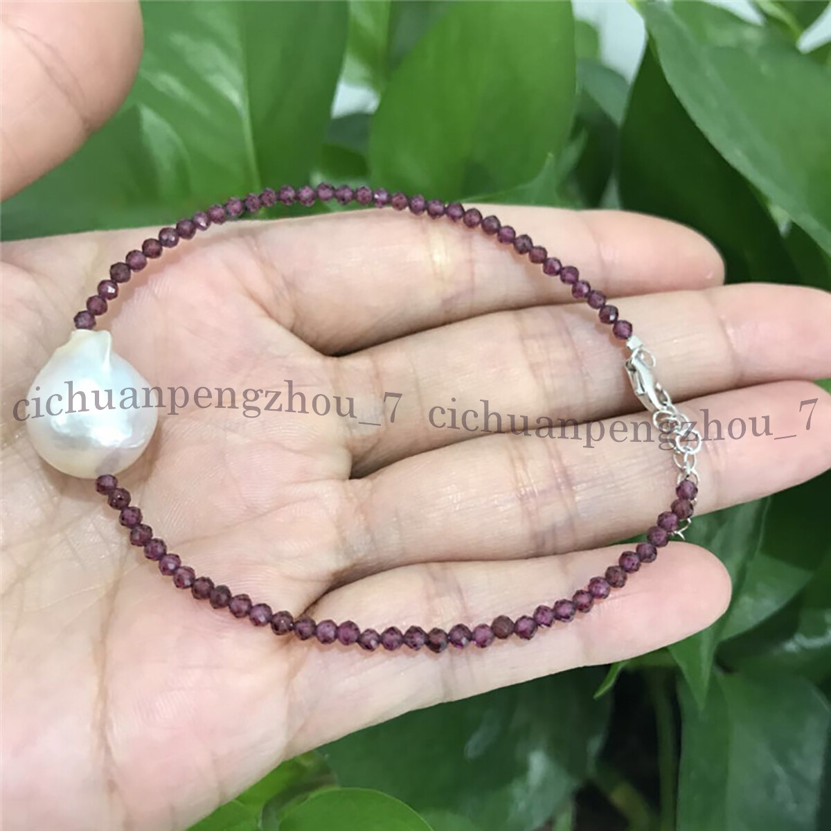 Faceted 2mm Red Garnet Natural White Keshi Baroque Pearl Beads Bracelet 7.5”