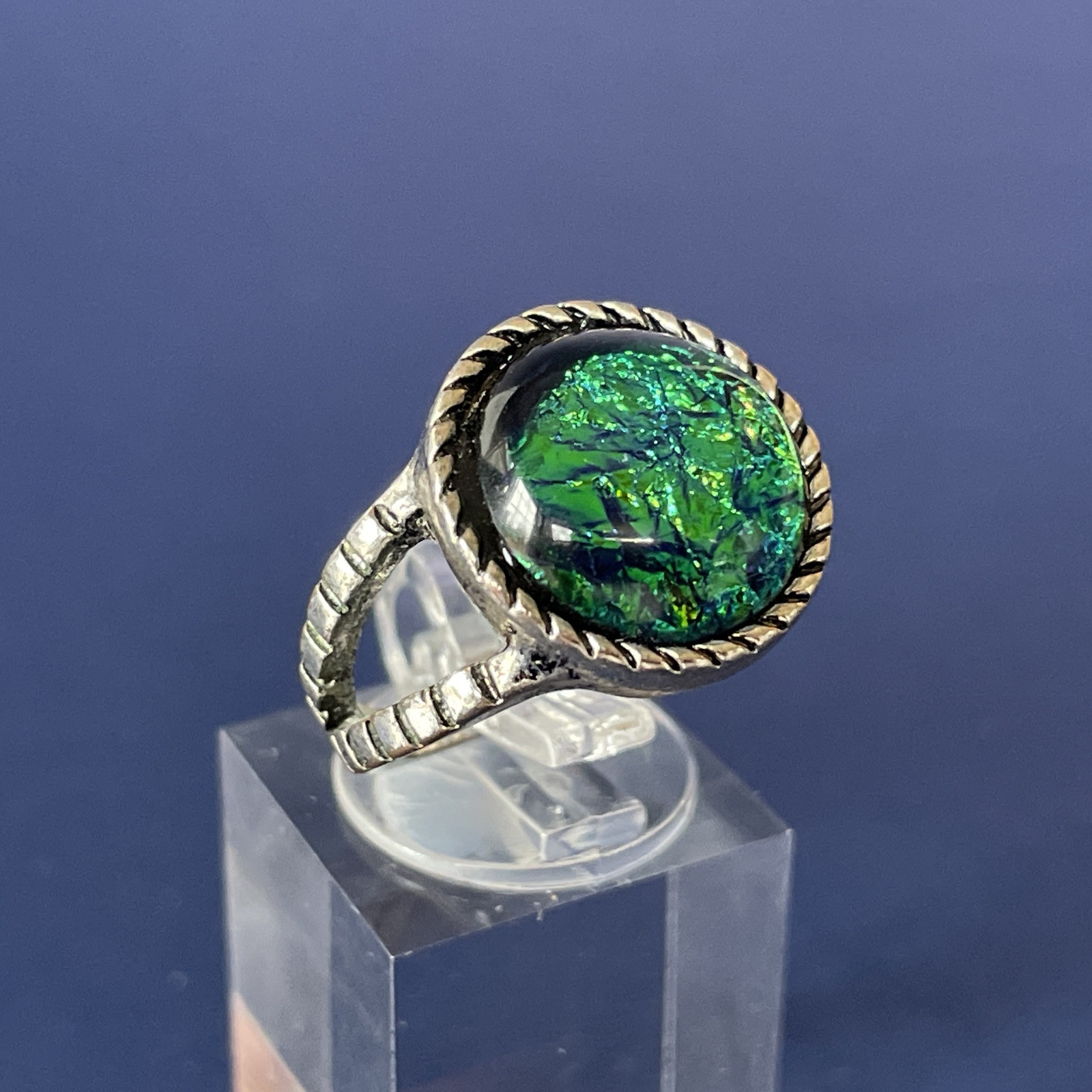 Green & Blue Dichroic Glass Silver Tone Ring – Size 6.75