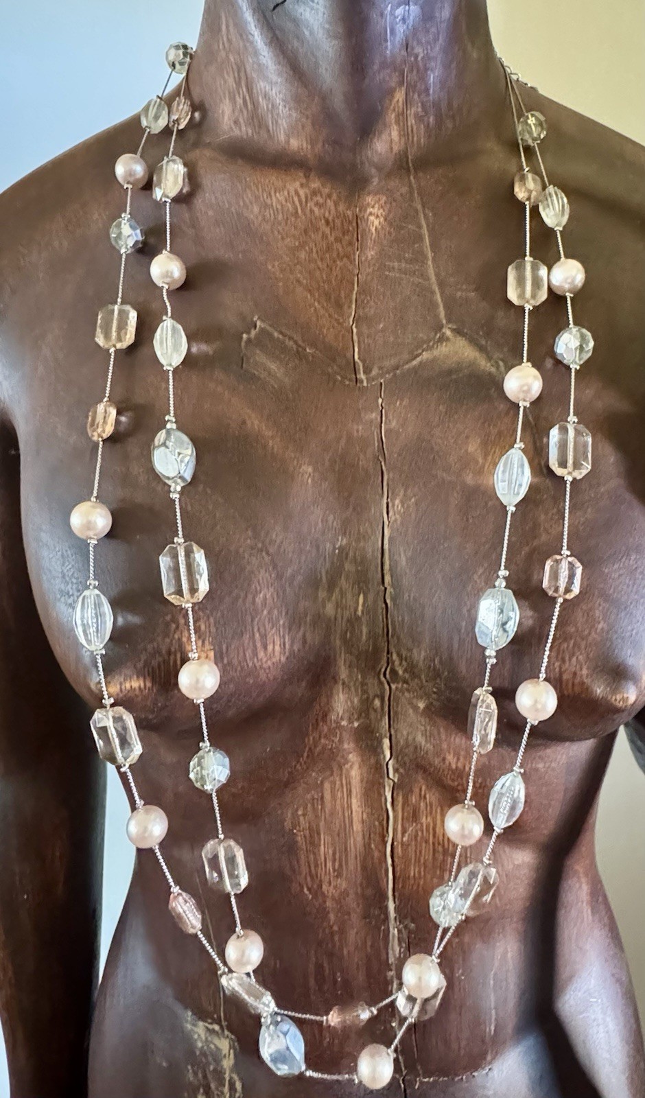 Bundle! Beaded Necklace Clear & Pink Silver Tone 36+” w/vintage beaded cuff!