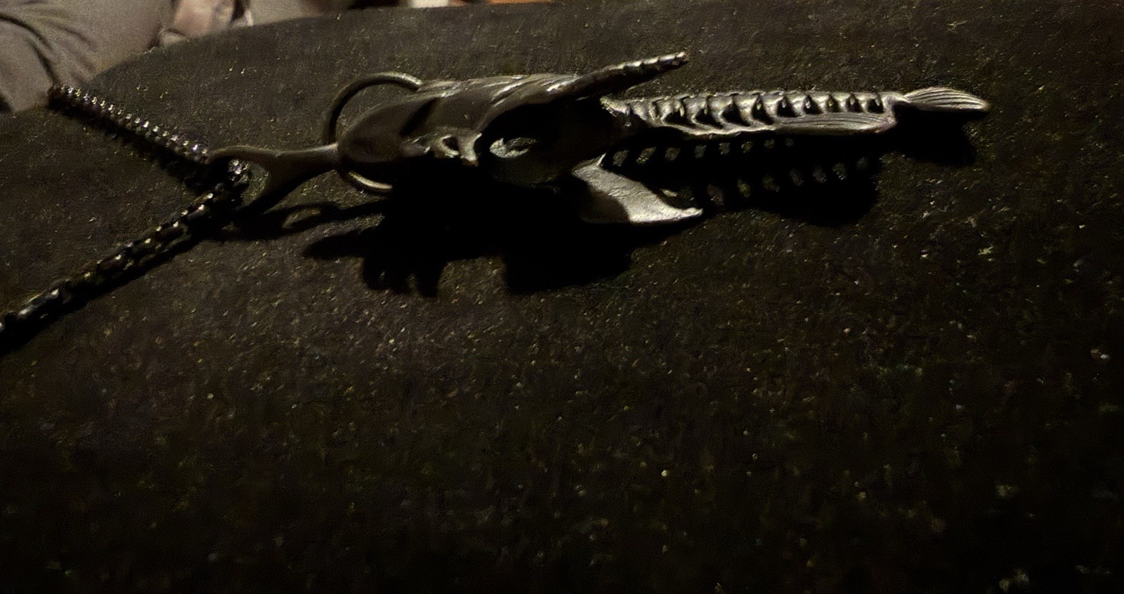 Silver Tone Fish Skeleton Charm Pendant Necklace, Metal Curb Chain, Lobster