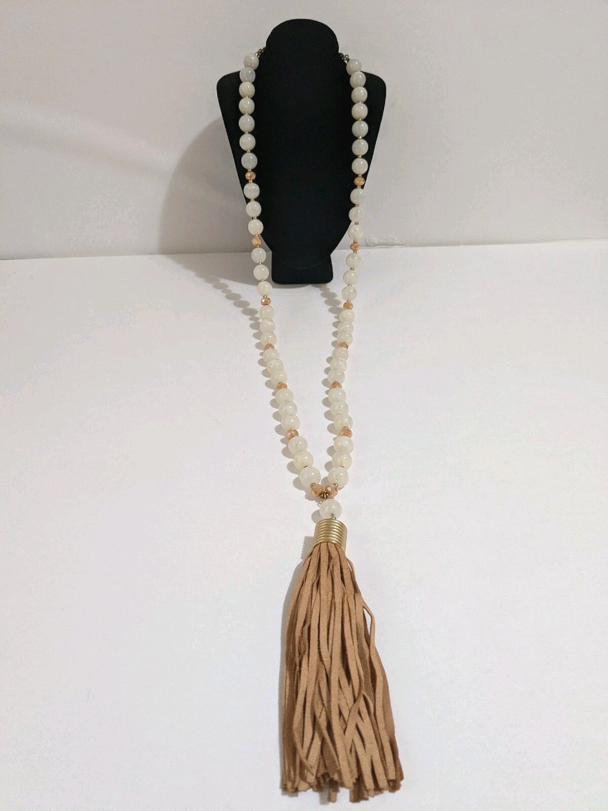 BOHO White Acrylic & Camel Color Glass Beaded Necklace & Faux Suede Tassel 34″.