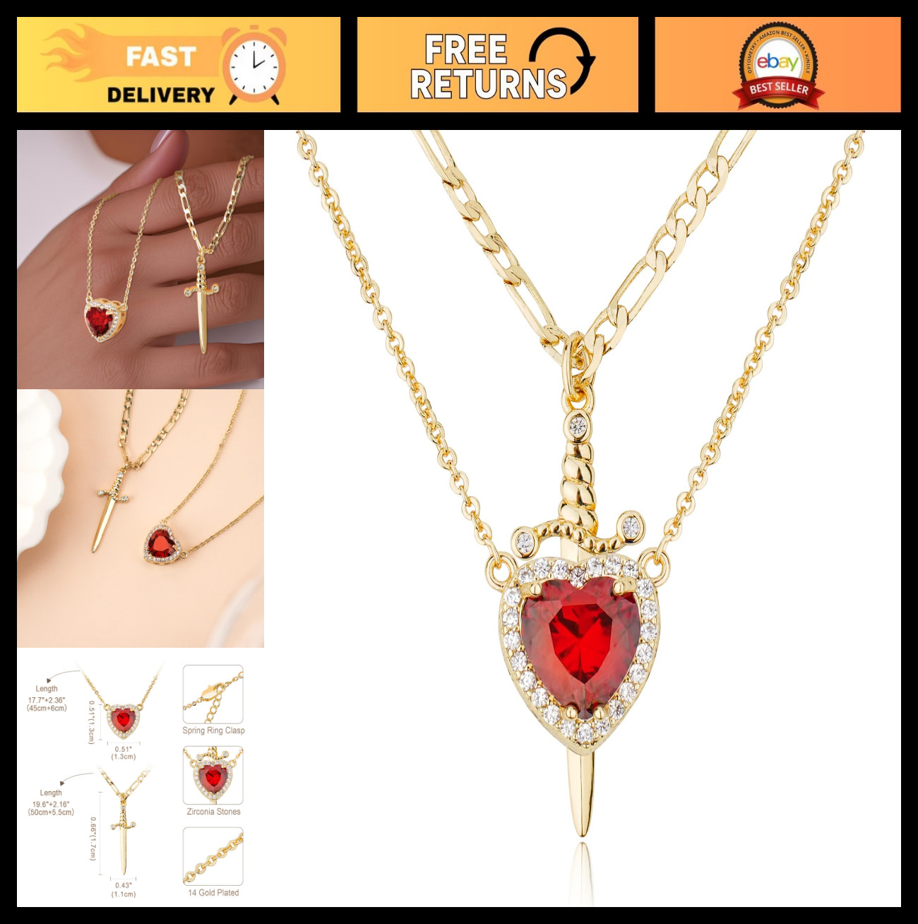 Couples Matching Necklace Set – 14K Gold/Silver Plated Sword & Heart Pendants, D