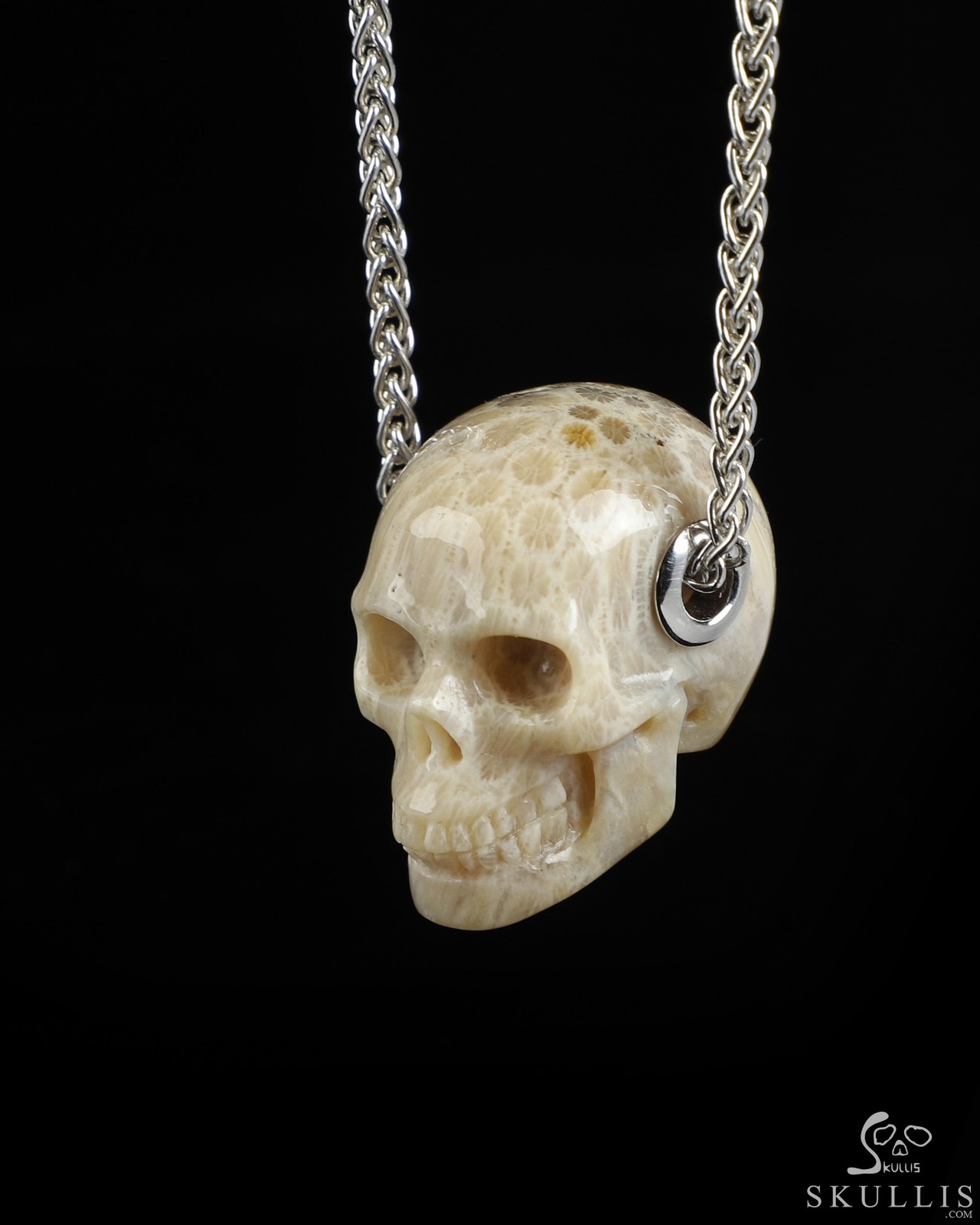 Necklace of 1.1″ Coral Fossil Hand Carved Crystal Skull Pendant, Skull Jewelry