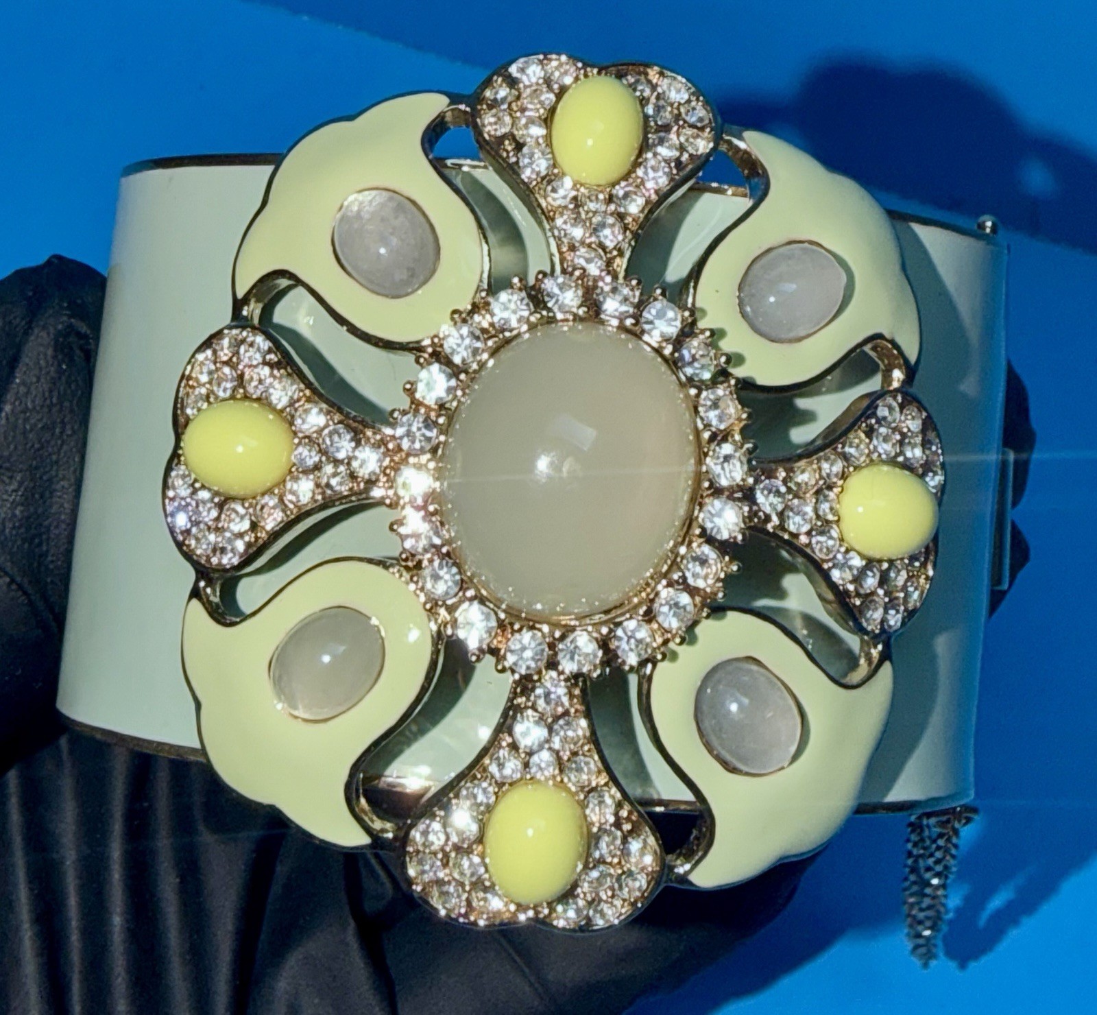 J. CREW ENAMEL CUFF BRACELET, CABOCHON LUCITE GEMS, RHINESTONES, 2000!