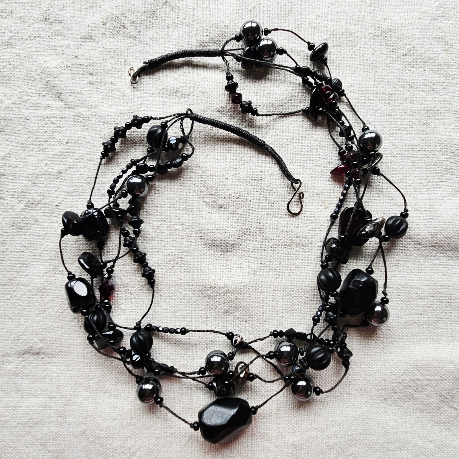 Long Black Multi-Strand Corded Statement Black Silver Dark Red Beaded Necklace