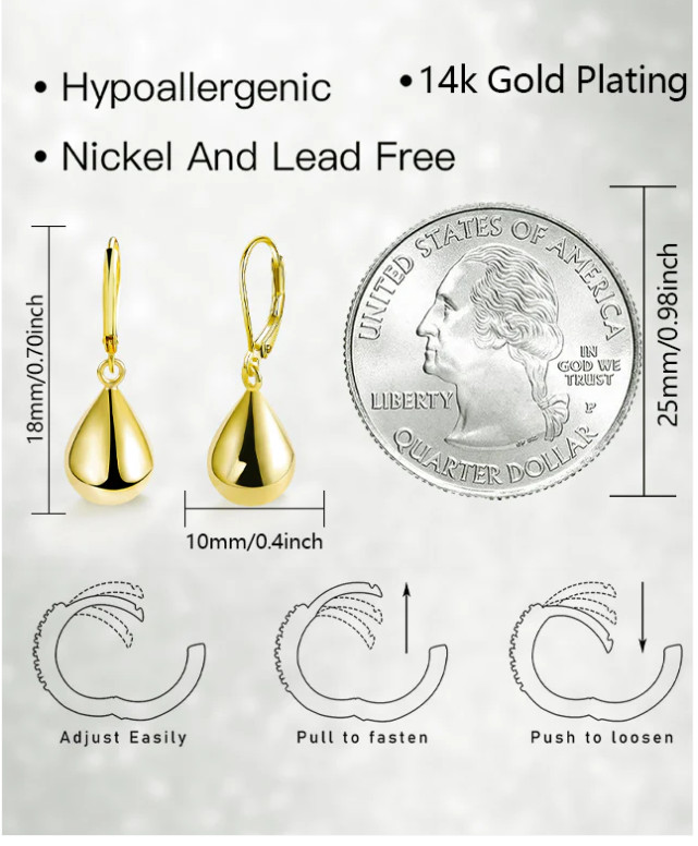 18K Gold Plated Polished Teardrop Lever Back Hoop Drop Dangle Earrings K36A