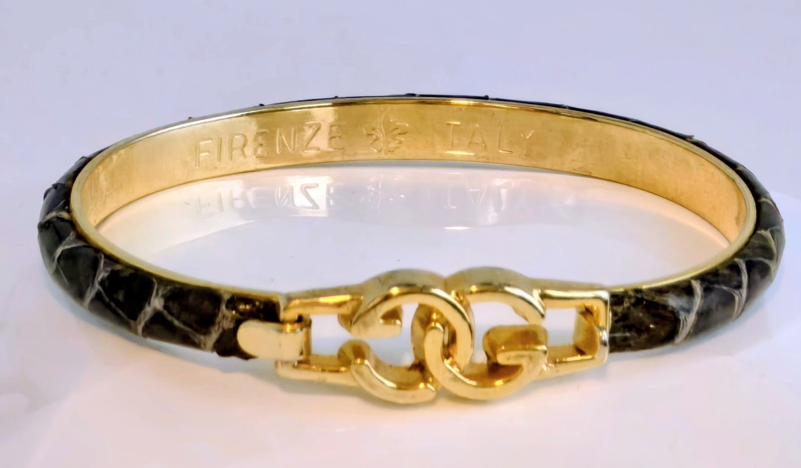 GUCCI SNAKESKIN BROWN GOLD-PLATED FIRENZE ITALY BANGLE BRACELET☆EC☆GUCCI LOGO