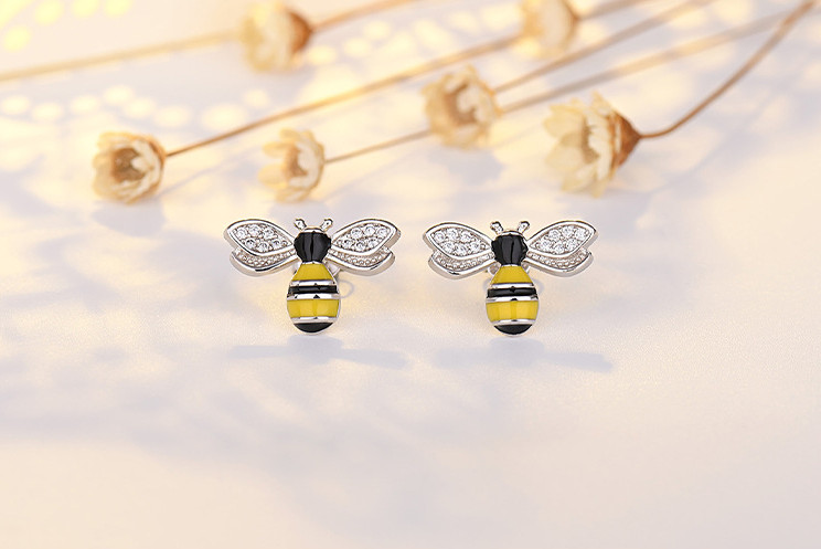 Silver Black Yellow Honey Bee Pave Cubic Zirconia Stud Earrings