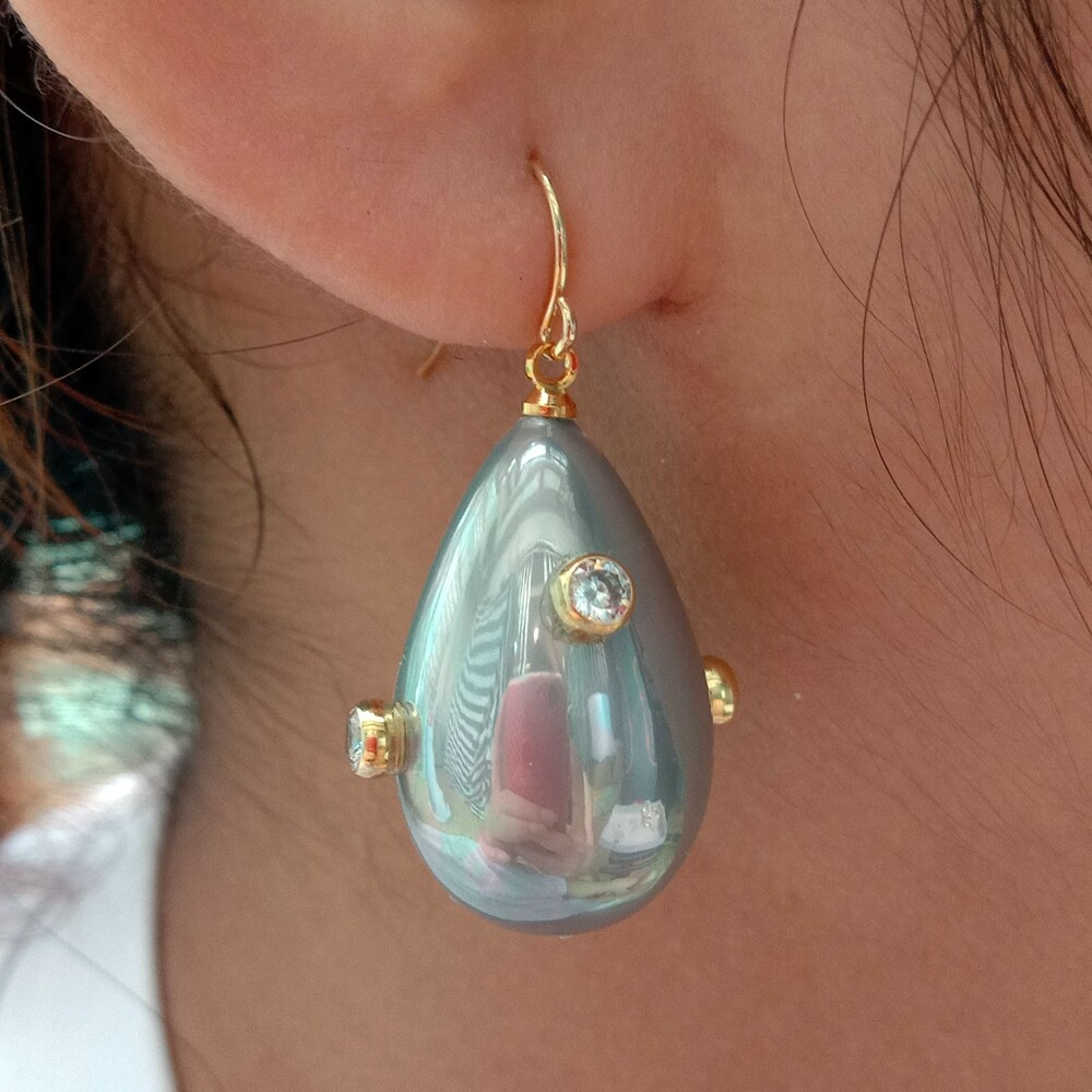 Grey Teardrop Sea Shell Pearl Cz Pave Gold Plated Hook Earrings