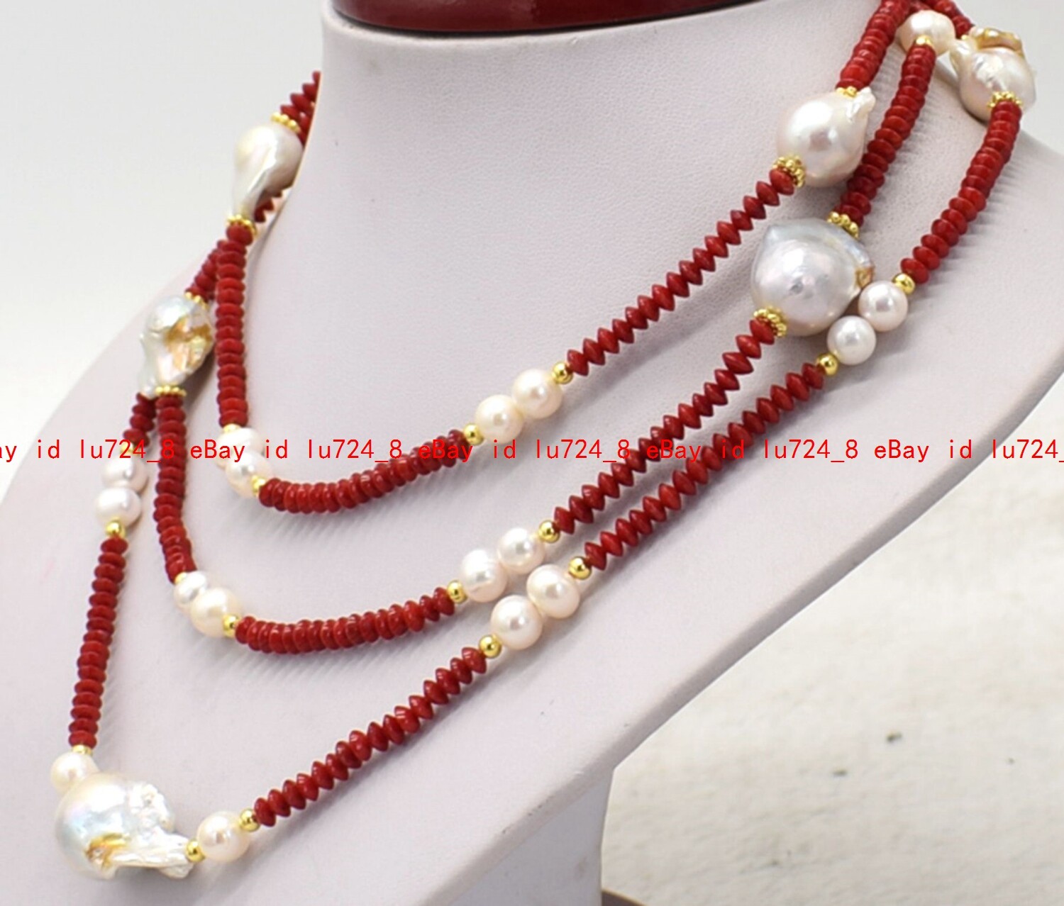 2x4mm Red Coral Gem Rondelle Beads &Natural White Baroque Pearl Necklace 50″