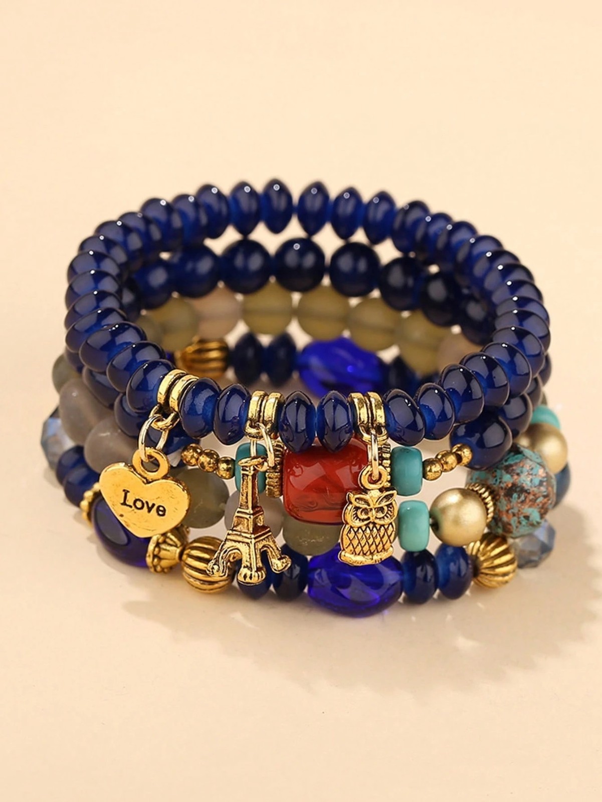 4PCS Boho Beaded Layered Bracelets Heart Owl Ladies Girls Women’s Jewelry Gift