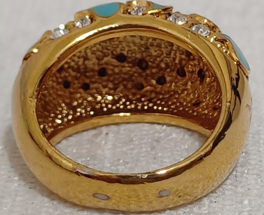 Gold Tone Turquoise Enamel Ring W/Crystals Size 5.5 10.1 Grams