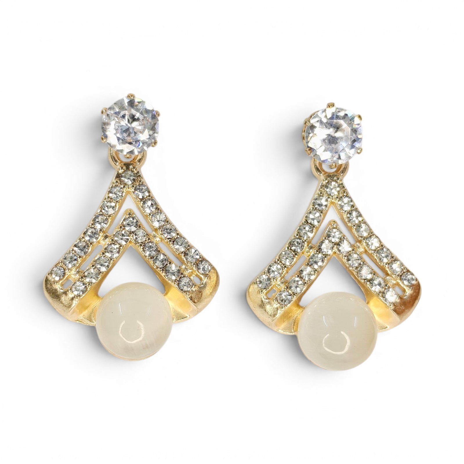 Gold Plated Triangle Dangle Earrings Crystal Rhinestones & Faux Pearl Jewelry