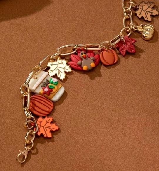 Fall Festival Charm Bracelet. Clay,acrylic, Metal Charms. Adjustable Goldtone.