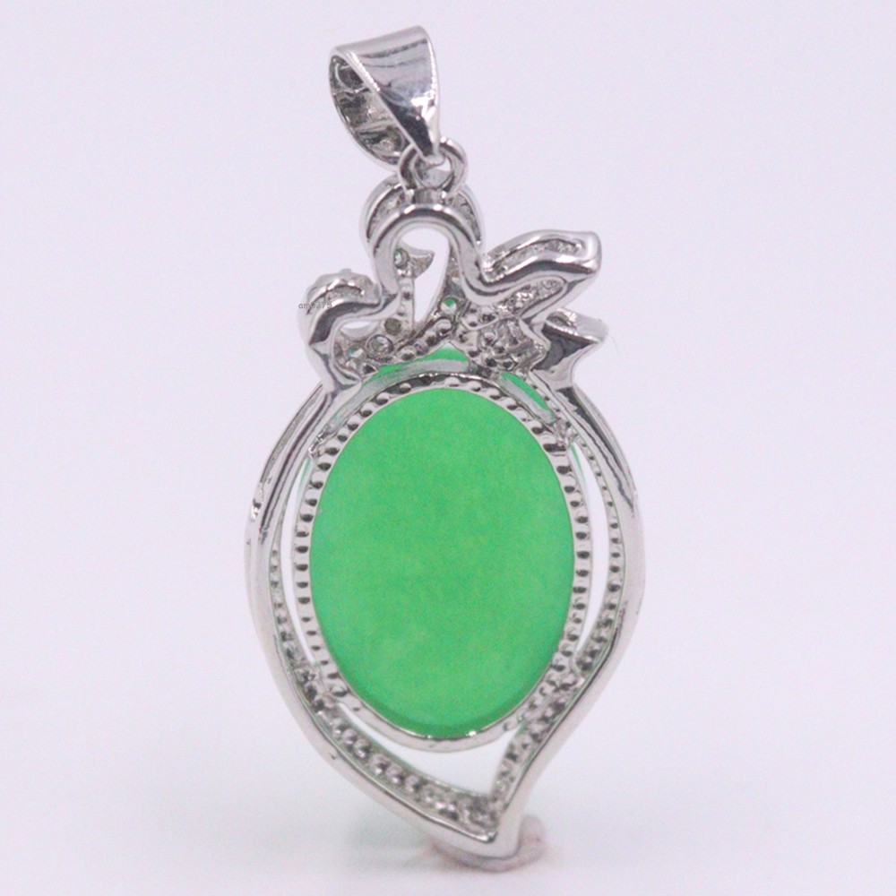 New White Plated Alloy Handmade Green Jade Zircon Raindrop Pendant 36*17MM