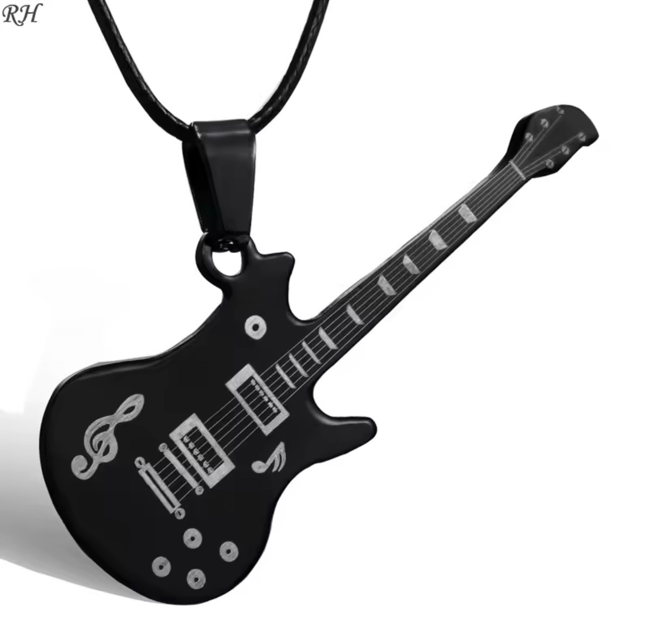 Stainless Steel Guitar Pendant Necklace Punk Rock Music Jewelry Leather Cord
