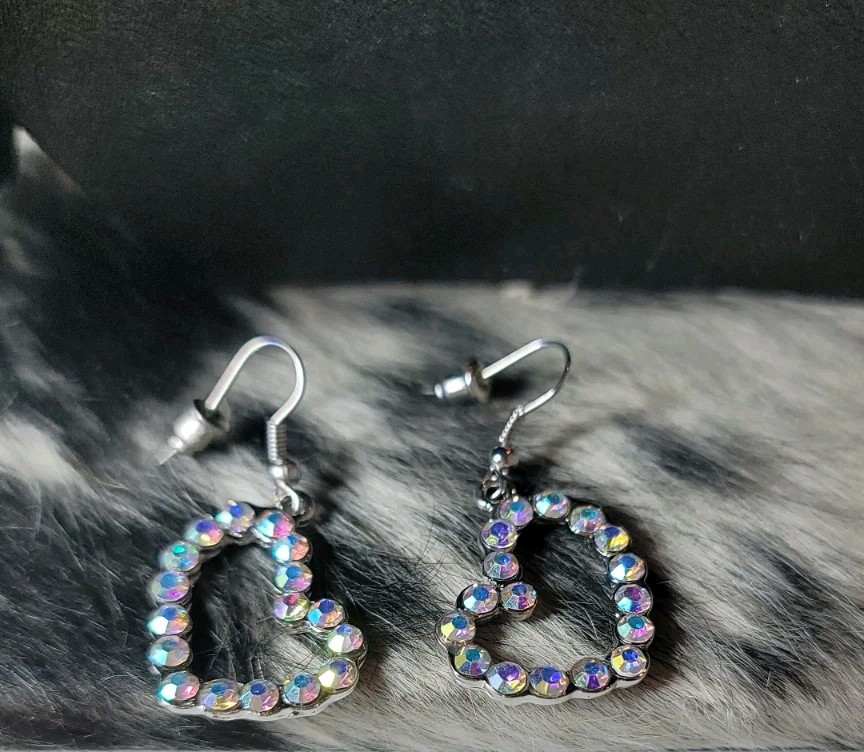 Silver Iridescent Rhinestone Heart Earrings