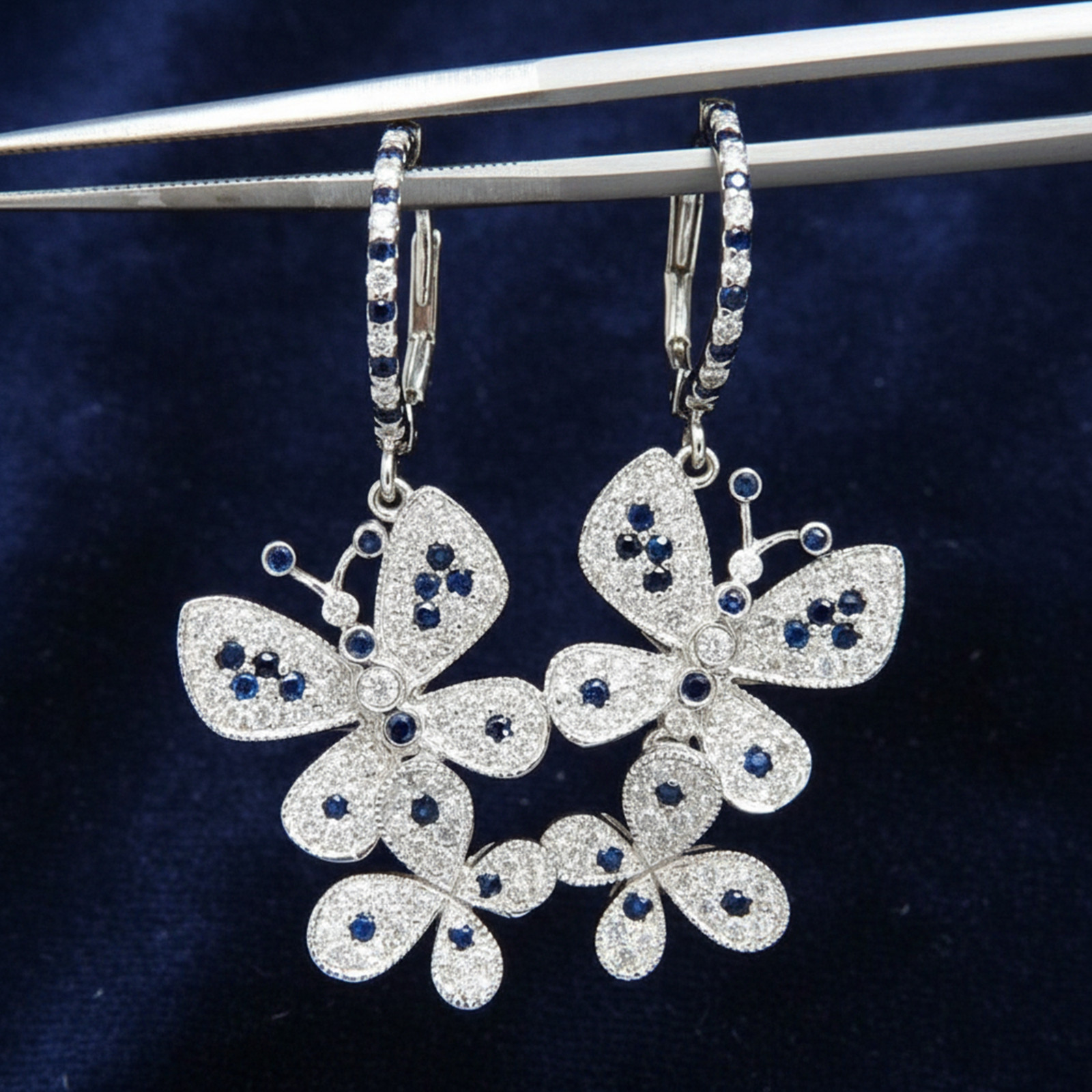 Blue Round CZ Stone Butterfly Motif Engagement Drop Dangle Earrings 925 Silver