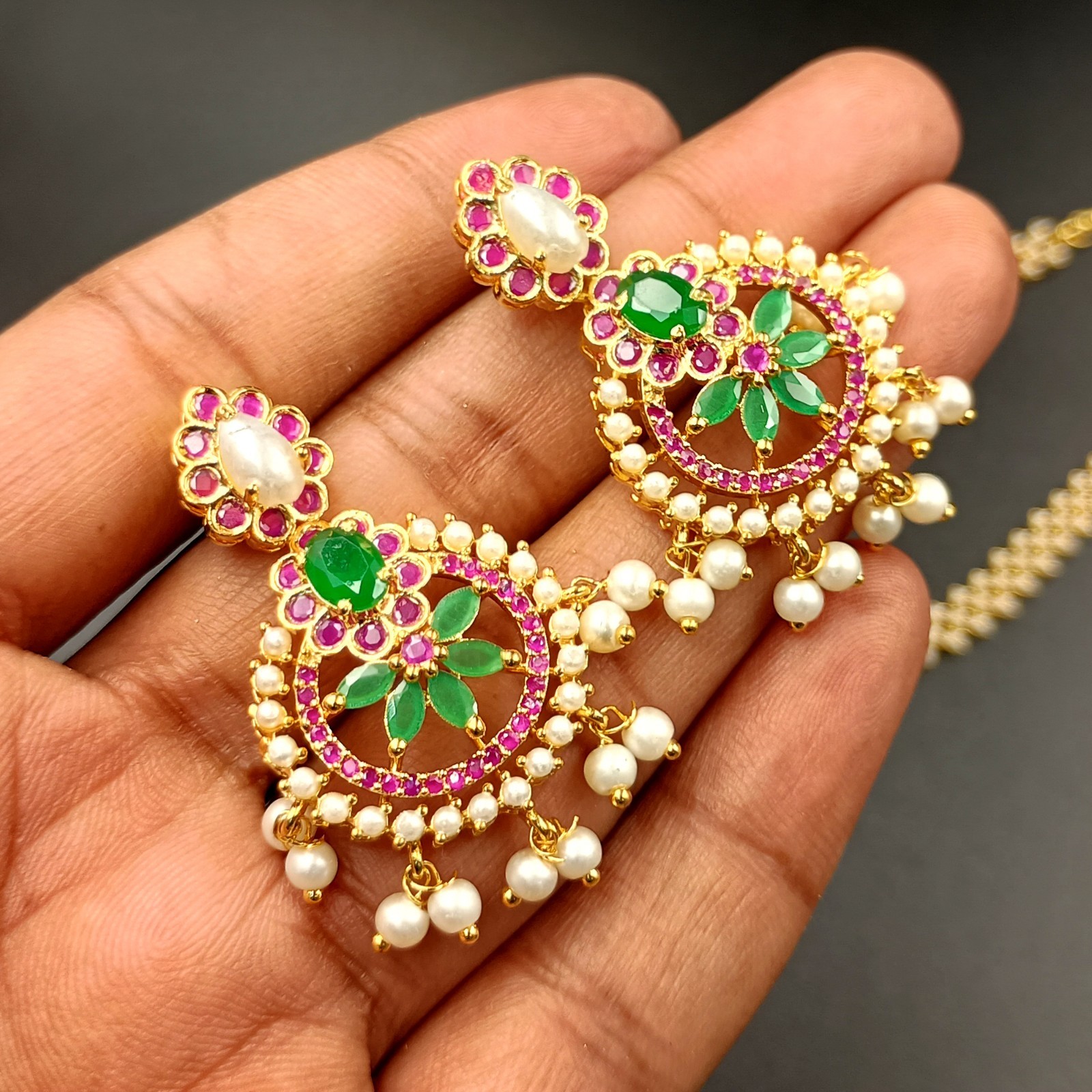 Vintage Style Ruby Emerald Pearl Necklace 22k Gold Plated Handmade Set