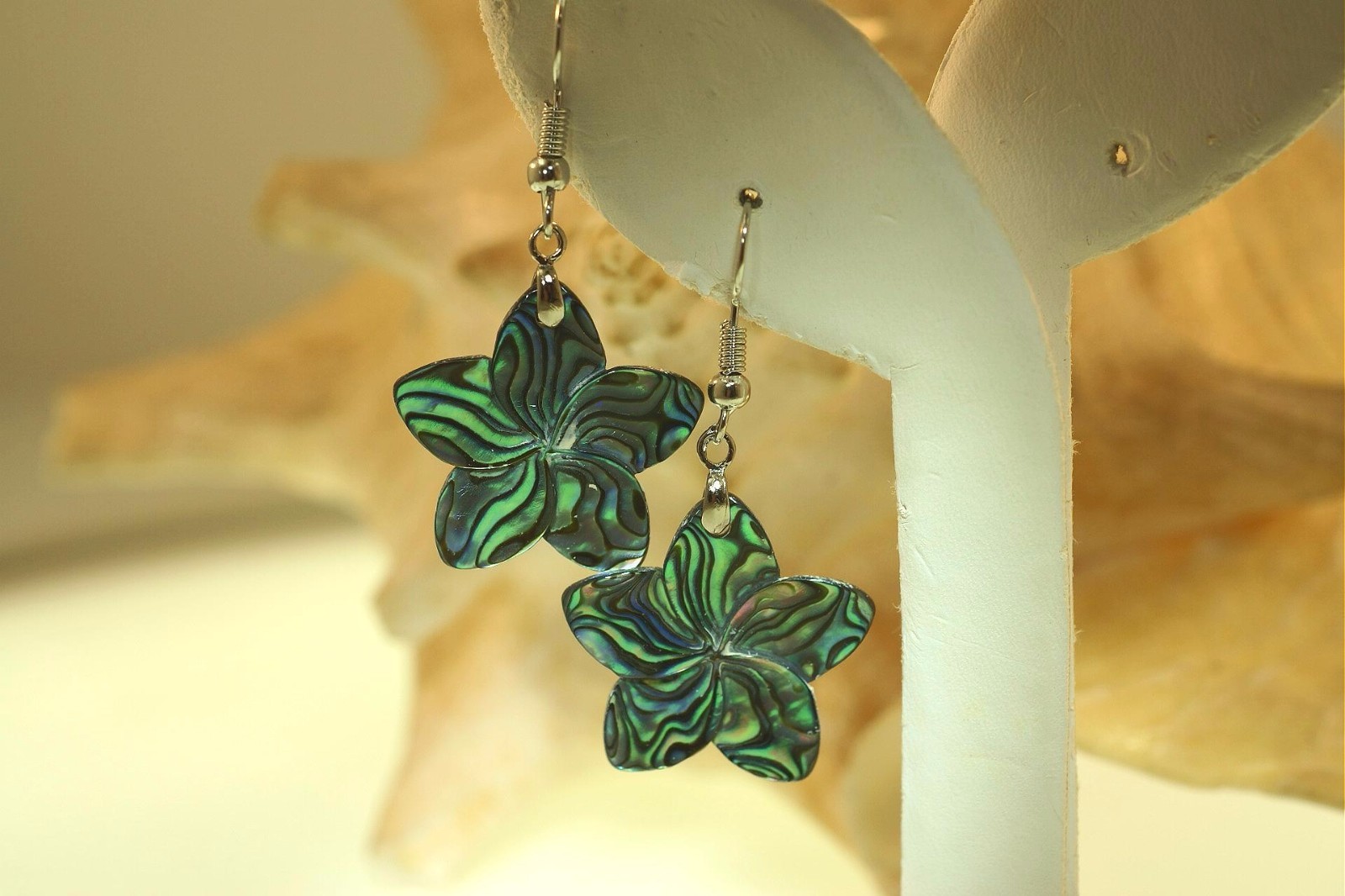 25mm HandCarved Paua Abalone Shell Hawaiian Plumeria 316L Dangling Hook Earrings
