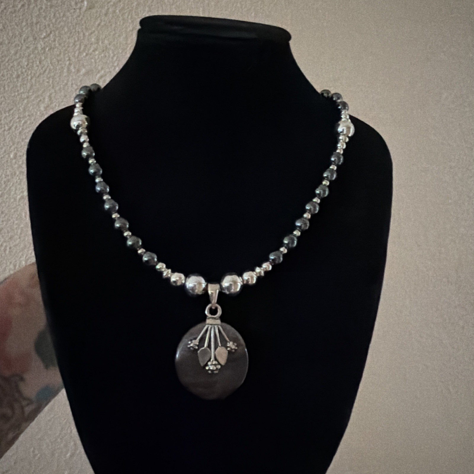 Hematite and Silver Necklace With Silver Sheen obsidian And 925 Silver Pendant