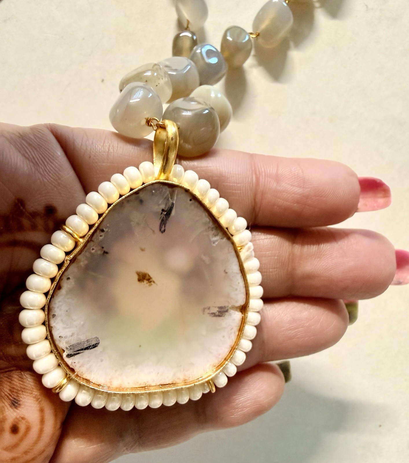 India mughal Queen lady Hand Painted Stone long Necklace Golden kundan Earrings