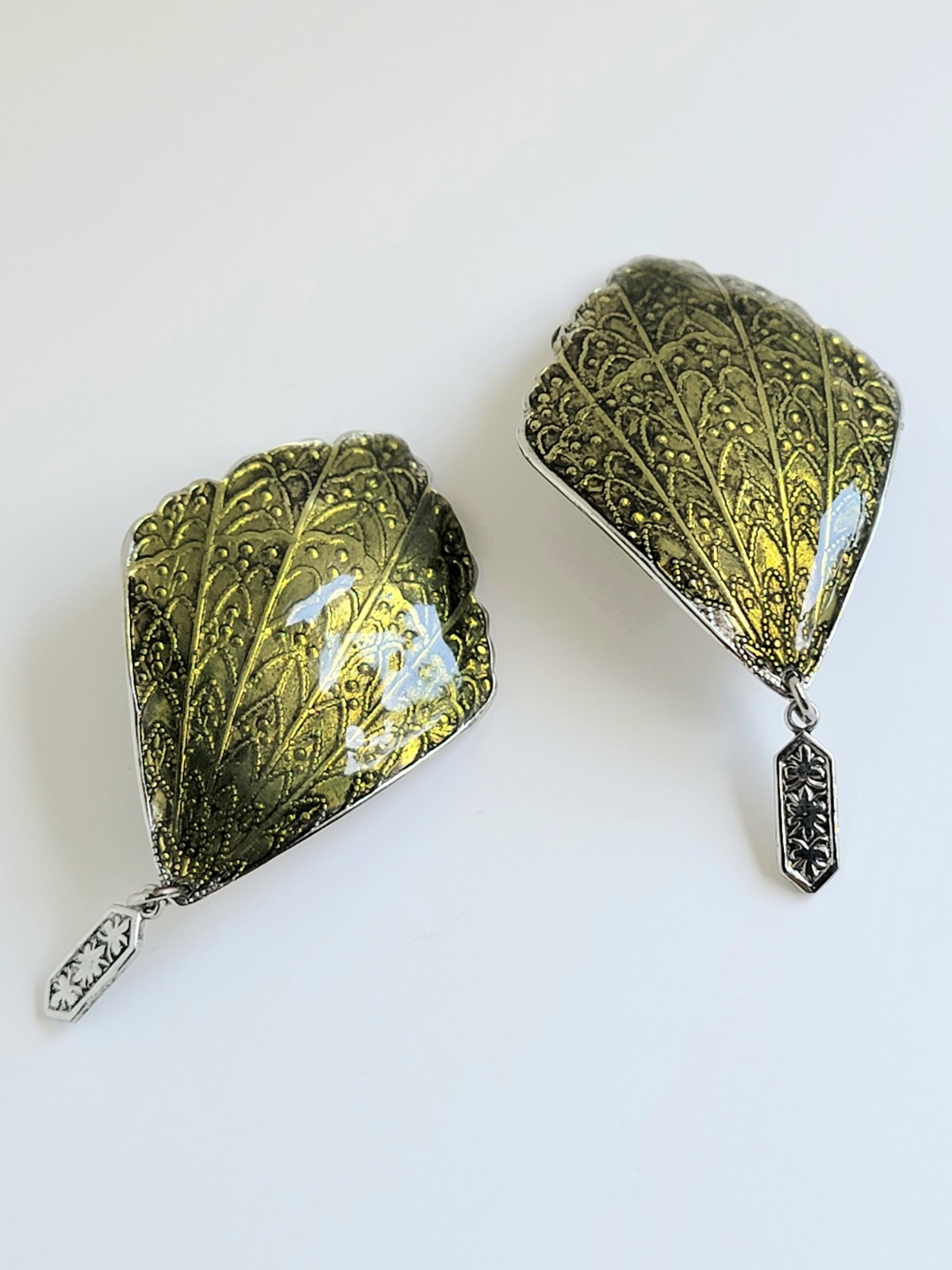 Art Deco Bohemian Fan Earrings Green Enamel Dangle Clip Ons