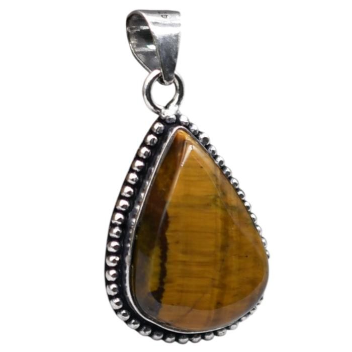 Tiger Eye Natural Gemstone Antique Silver Plated Pendant 1.5″ J 1093