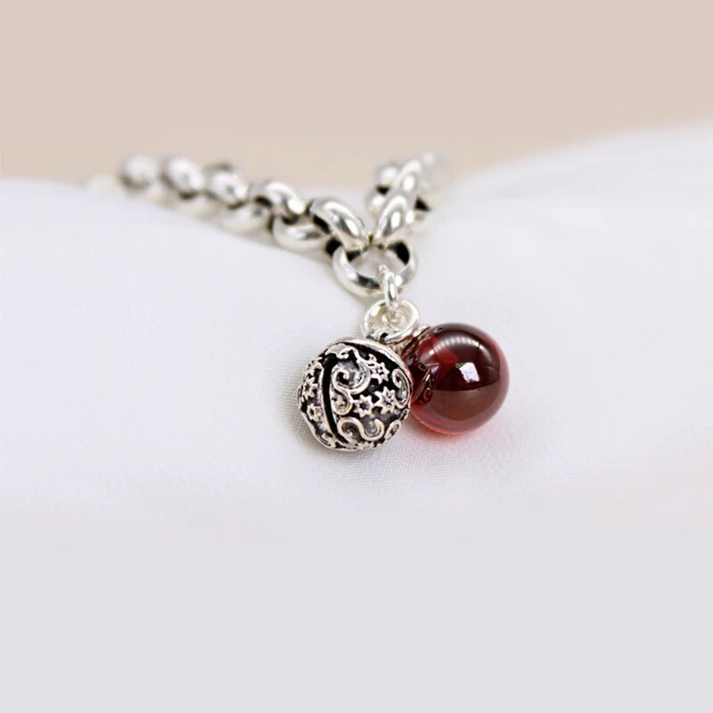 ZARD Red Agate Gemstone and Bell Charm Cable-Link Bracelet in Sterling Silver